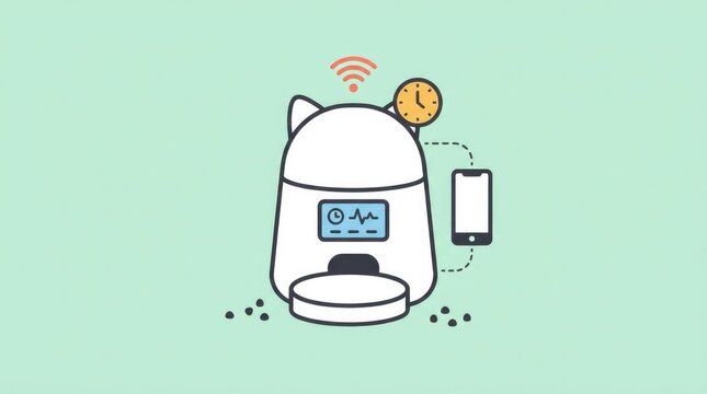 A flat vector illustration of a smart automatic pet feeder shown as a standalone hero product centered on a clean pale mint background, the feeder dep
