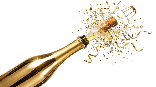 Golden champagne bottle popping cork with confetti isolated on transparent background