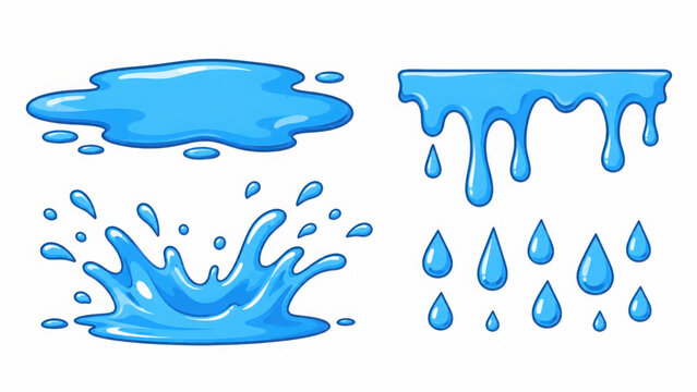 Blue water puddle and splash cartoon vector icon set