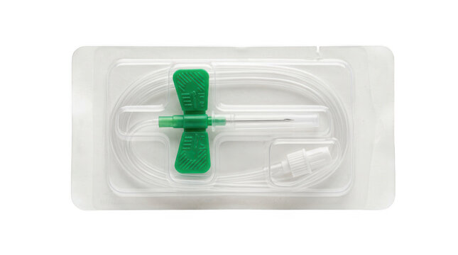 Medical butterfly needle for intravenous injection or blood collection in sterile blister packaging isolated on transparent background