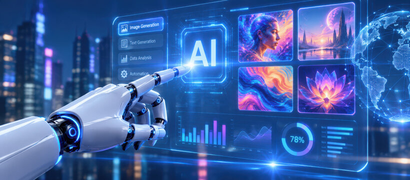 AI generates dynamic art through an interactive platform, displaying AI-generated images in a smart gallery using generative engines and automated design tools. Artificial intelligence spline