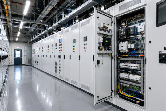 Modern electrical control panel room with rows of distribution cabinets and wiring