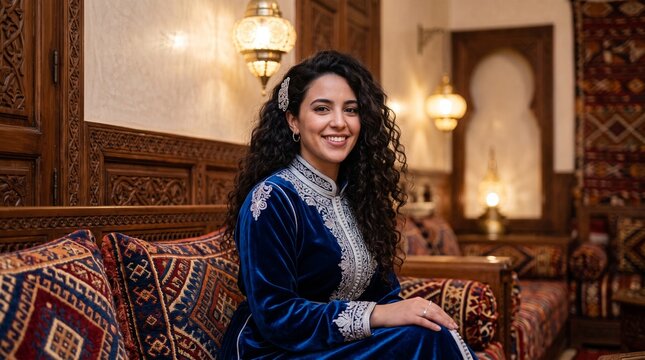 Moroccan woman in blue caftan, elegant Arab female portrait in traditional interior, smiling Middle Eastern woman sitting on sofa