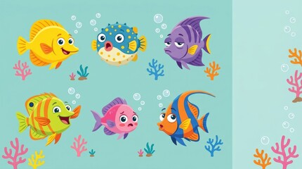 Obraz premium Cute exotic fish character collection with different expressions including happy, surprised, sleepy, excited, shy and curious, varied tropical fish