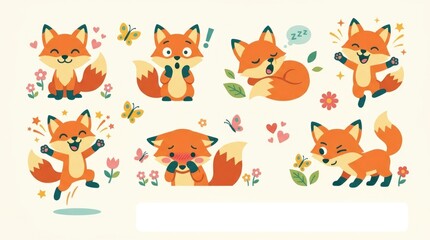 Fototapeta premium Cute fox character collection with different emotions including happy, surprised, sleepy, excited, shy and curious, accompanied by flowers, butterflie