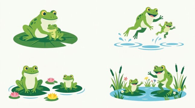 Adorable frog family clipart set featuring parent and baby frogs cuddling, hopping together, sitting on lily pads and playing near a pond, surrounded