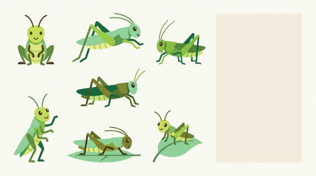 Collection of cute grasshoppers with varied playful poses, sitting grasshopper, jumping grasshopper, side-view grasshopper, grasshopper with raised fr
