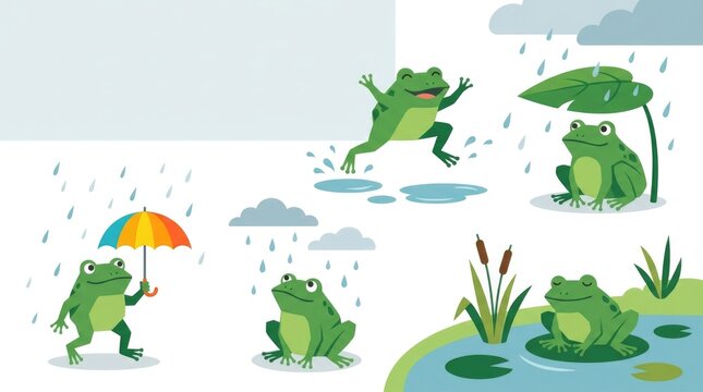 Collection of cute frogs enjoying rainy day activities, jumping through puddles, sitting under large leaves, holding tiny umbrellas, watching raindrop