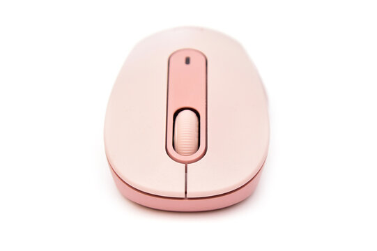 Pink wireless mouse front view, electronic gadget