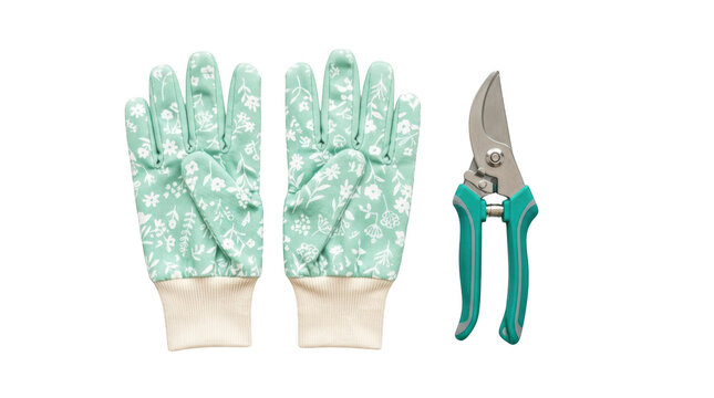 Pair of floral gardening gloves and pruners isolated on transparent background