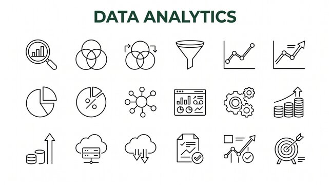 Data Analytics Icon Set with Business Intelligence Tools, Data Visualization, and Statistics Symbols