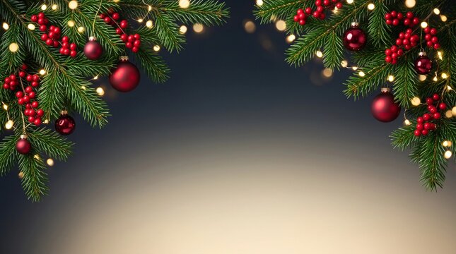 Festive Christmas background with pine branches and red ornaments