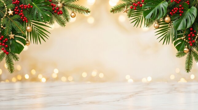 Tropical Christmas Garland Frame with Bokeh Lights on Marble