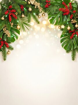 Tropical Christmas Frame with Evergreen Branches and Monstera Leaves