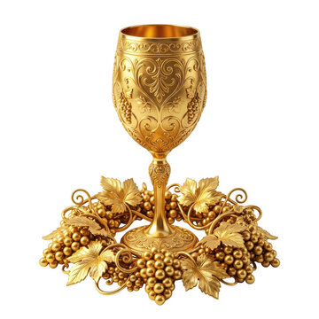 Ornate golden chalice surrounded by grape clusters isolated on transparent background