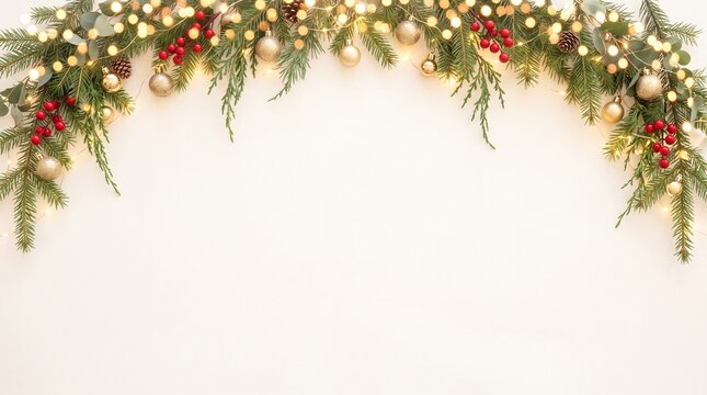 Christmas border with evergreen branches, lights, and gold ornaments