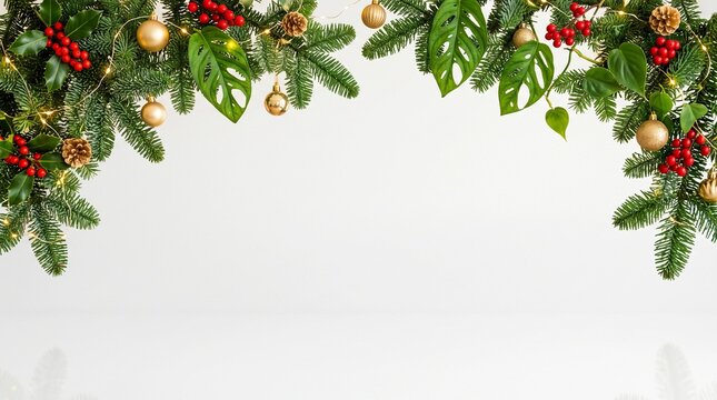 Holiday border with fir branches, berries and tropical leaves