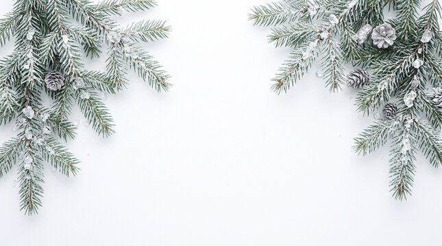 Winter Background with Snowy Fir Tree Branches and Pine Cones