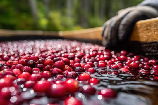 Cranberries floating on water surface showcase vibrant red colors. Hand gently stirs cranberries, reflecting serene natural setting with blurred background elements