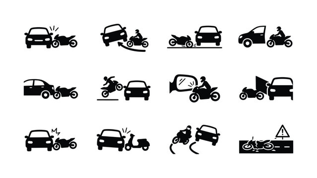 Various motorcycle and car accident illustration icons with transparent background