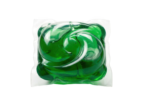 Single green laundry detergent pod isolated on transparent background