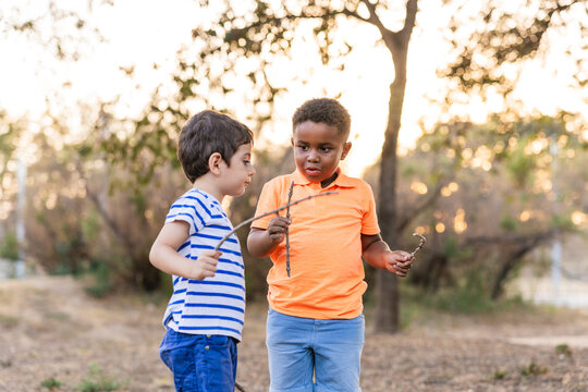 Diverse boys playing with sticks in park