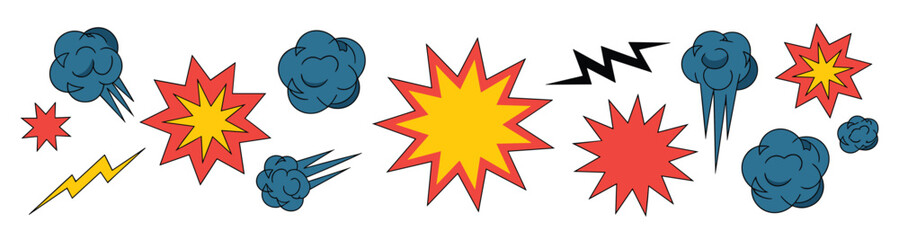 Obraz premium Comic book style explosion, smoke cloud, and lightning bolt isolated on a white background, with red, yellow, and blue colors
