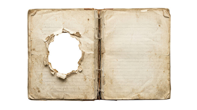 Old vintage open notebook with a large hole in the middle of the pages isolated on transparent background