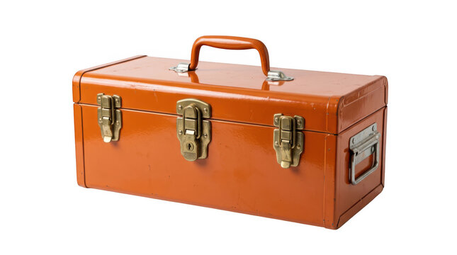 Closed orange metal tool box with metal latches and handle isolated on transparent background