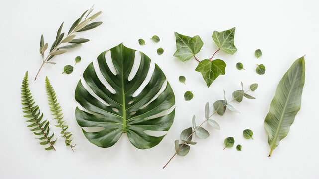 A flat lay arrangement of various green tropical and temperate leaves, including a large monstera leaf, a fern frond, eucalyptus sprigs, ivy, and a banana leaf, artfully composed on a clean white