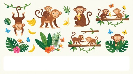 Obraz premium Cute tropical monkey clipart set with baby monkeys, bananas, vines, monstera leaves, palm leaves, tropical flowers, butterflies and simple jungle bran