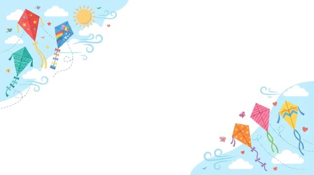 Cute kite corner decoration featuring colorful flying kites, long ribbon tails, fluffy clouds, sunshine and gentle wind swirls concentrated in two opp