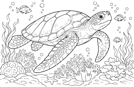 Sea turtle swimming with fish in a coral reef during daytime isolated on white background