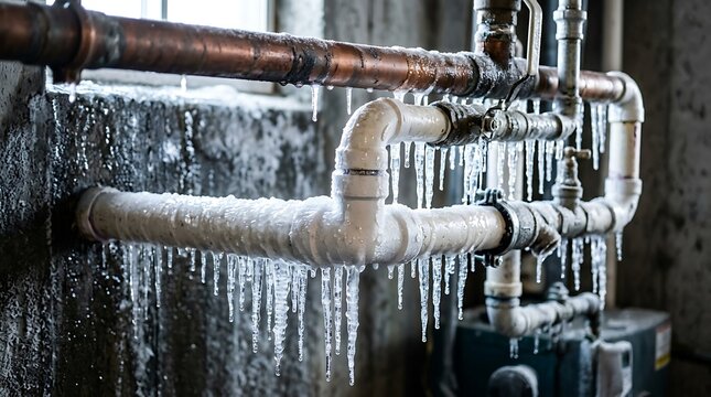 Frozen water pipes covered in icicles during cold winter