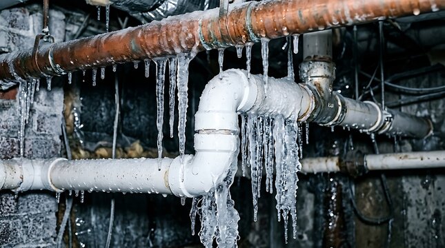 Frozen water pipes with large icicles in a cold basement