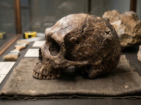 Ancient Human Skull Artifact Presented For Scientific Study And Museum Display