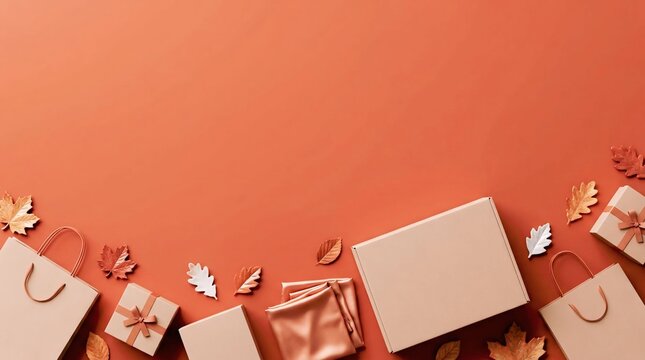 Autumn sale flat lay with shopping bags, gift boxes, and fall leaves on orange background