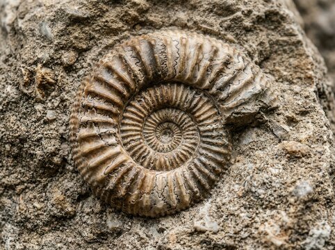 Ancient Ammonite Fossil Embedded In Rocky Texture Close Up Natural Wonder