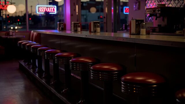 Empty retro diner counter shifts from warm daylight into colorful nighttime neon, revealing rows of red stools, chrome details, countertop fixtures, and street-facing windows