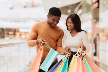Smiling Black Couple Enjoying Shopping Experience Together In Modern Mall, Carrying Colorful...