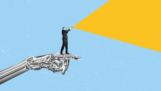 A cyber AI robot hand points out where the businessman with a telescope should look. Finding information using artificial intelligence. Modern wayfinding concept.