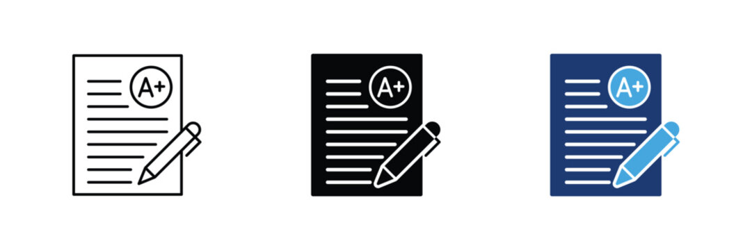 Exam paper vector icon set with A plus grade and pencil