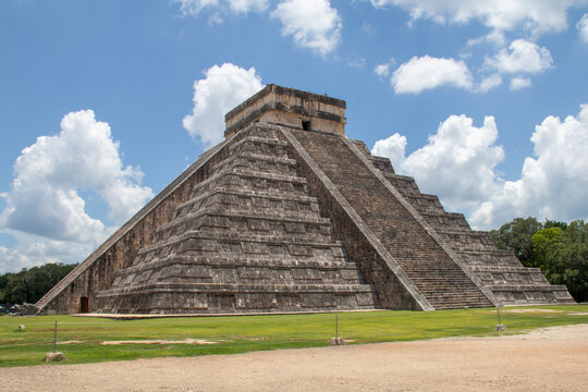 Wide view of El Castillo pyramid at Chichen Itza Yucatan Mexico