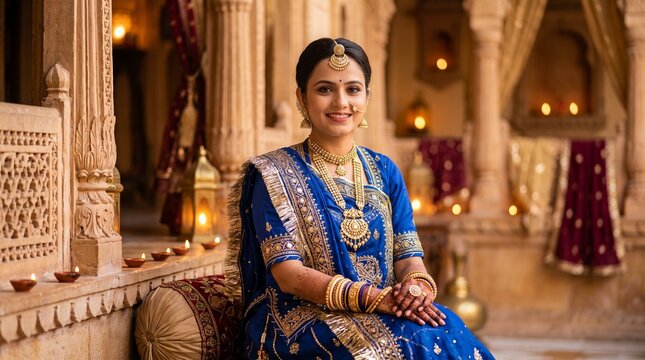 Indian woman wearing traditional blue ethnic attire with gold jewelry smiling softly while sitting in a beautiful warm illuminated palace