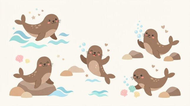 Sweet nursery sea lion clipart featuring smiling baby sea lions with bubbles, tiny stars, small hearts, simple waves, pastel seashells and rounded coa