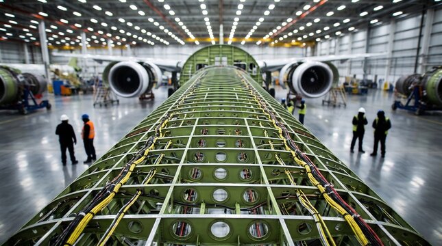 Aircraft assembly line inside large factory hangar, modern airplane manufacturing facility with workers, green fuselage frame close up