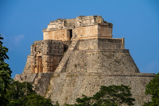 Elevated side view of Pyramid of the Magician at Uxmal Mexico