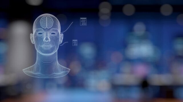 A futuristic scene depicting a human-like robotic hand reaching toward a digital facial projection, showcasing advancements in technology and artificial intelligence. Synapse