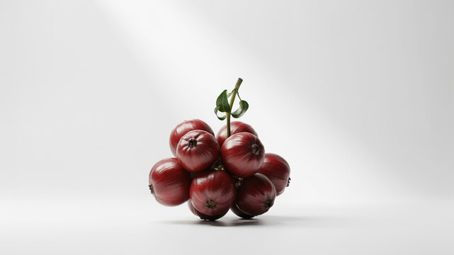 Bunch of glossy dark red rose apples with green leaves and a stem, illuminated by soft light on a white background