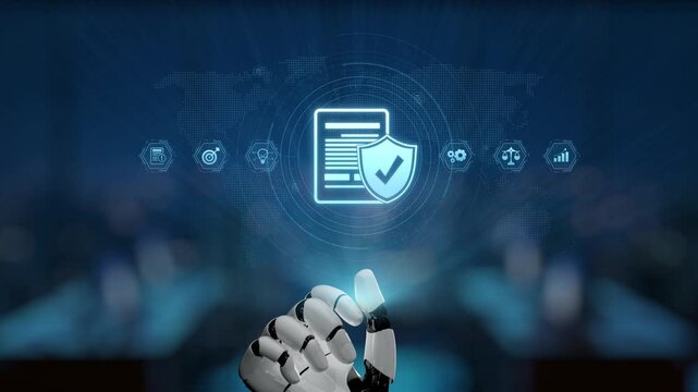 A futuristic robotic hand interacts with digital icons, showcasing themes of cybersecurity and data protection in a modern workspace setting for technology enthusiasts. Synapse